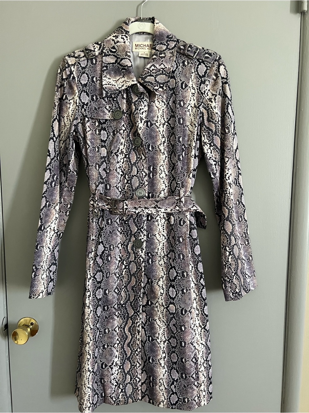 Michael Kors Purple Snake-Print Long Sleeve Trench Coat